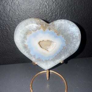 Blue Agate UV Reactive Heart Geode w/ Druzy Center on Stand 294g Boho Decor